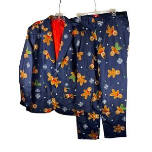 Dec 25th Mens Gingerbread Man Christmas Suit Navy Blue Blazer‎ Pants Set Large